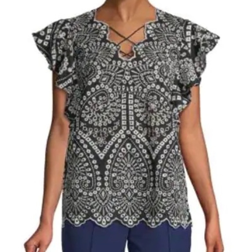 Laundry by Shelli Segal Black White Embroidered Eyelet Flutter Sleeve Top